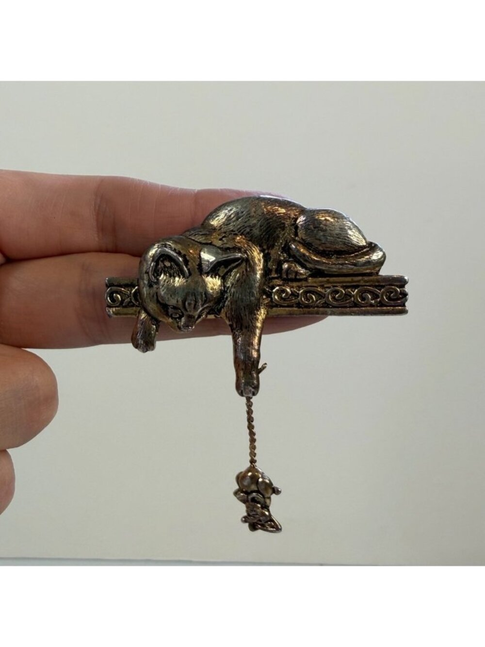 Vintage JJ Cat Lady Dangling Mouse Whimsical Brass Tone Pin Brooch Eclectic
